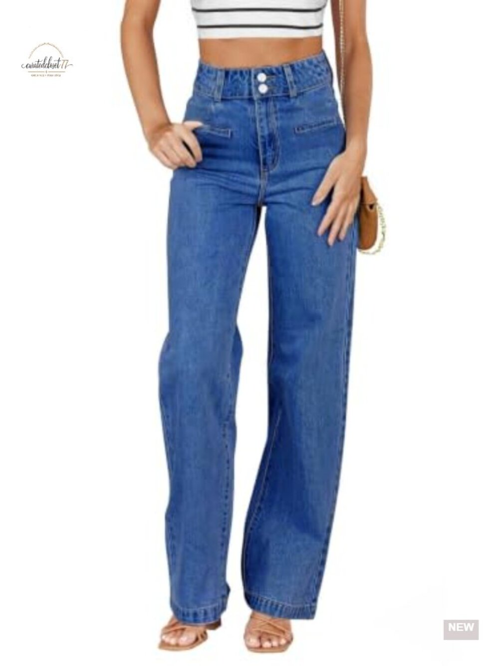 High Waisted Straight Leg Jeans with Pockets, Stretchy Denim, Dual Button